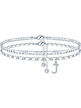 Dainty Layered Ankle Bracelets for Women, 14K Gold-Plated CZ Initial Anklets Set